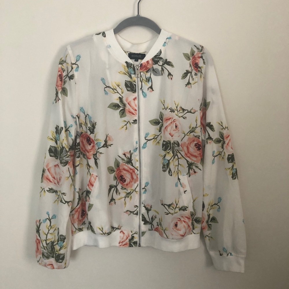 White, floral, zip up jacket
